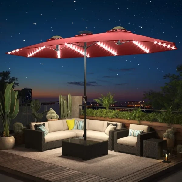 15ft Patio Umbrella with Solar Lights, Large Double Umbrella Outdoor
