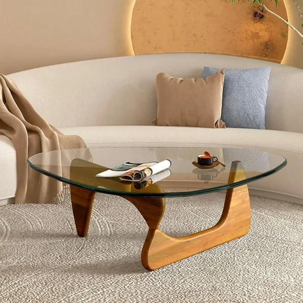 Coffee Tables for Living Room-Triangle Glass Coffee Table with Wooden Base Modern