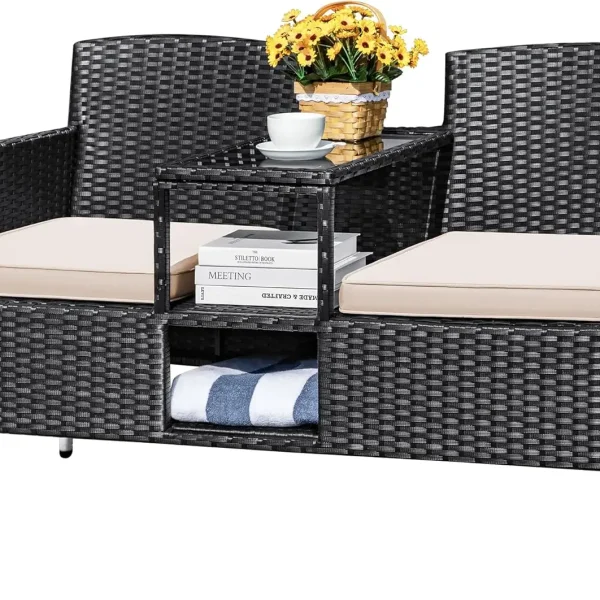 Outdoor Patio Loveseat Modern Rattan 2-Seat Patio Set with Built-in Coffee Table