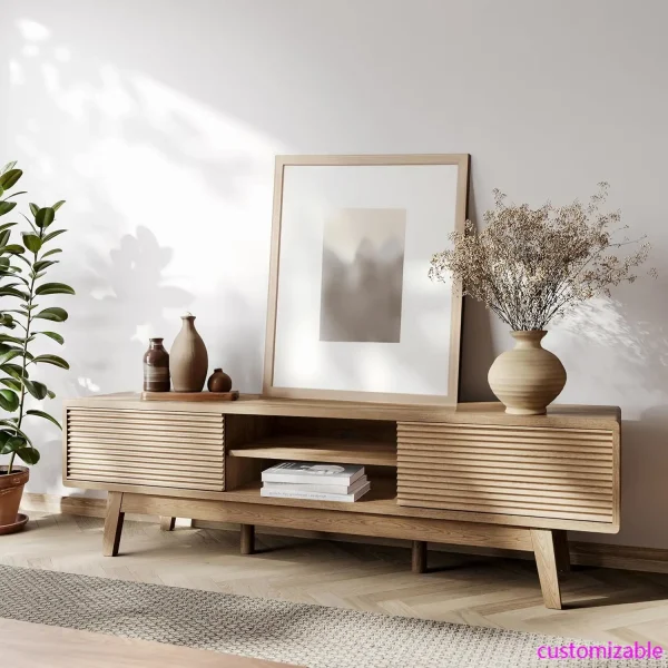 59" TV Console, Mid Century Modern Oak Media Console for 55/60/65 Inch TV