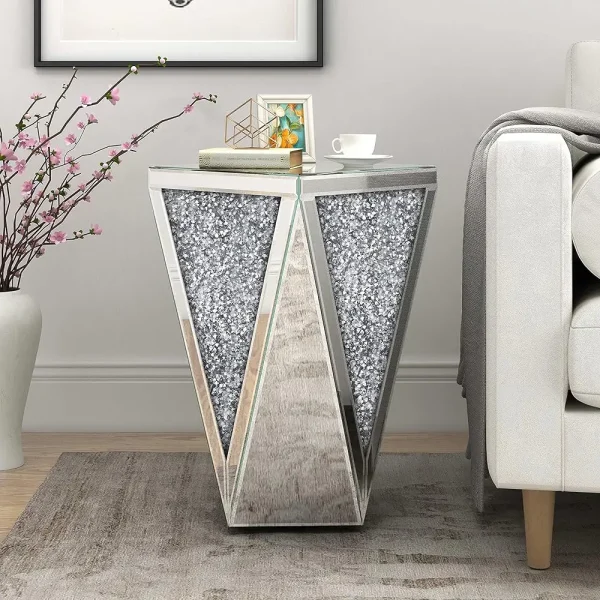 Mirrored End Table Crystal Diamond Setting Coffee Table Silver Glass Side Table Pedestal