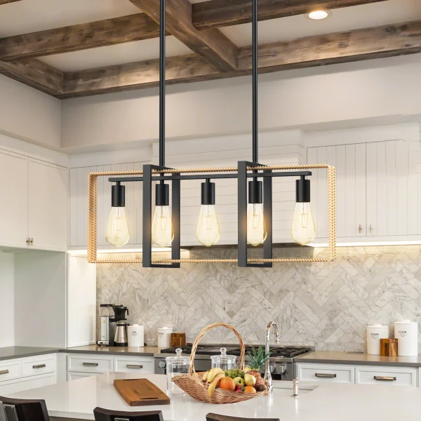 5 Lights Celling Light Fixture Rattan Pendant Height Adjustable Indoor Lighting