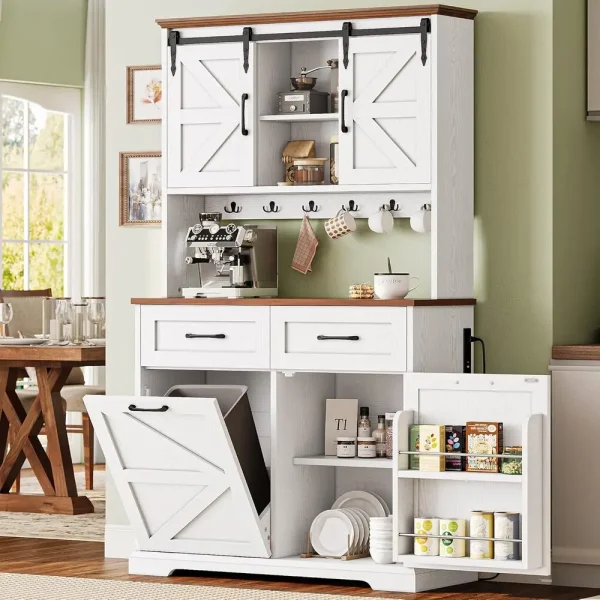 72" Kitchen Pantry Storage Cabinet, Farmhouse Kitchen Hutch, Microwave Stand & Trash Can Cabinet