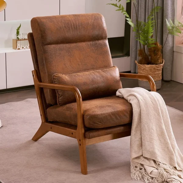 High Back Microfiber Rustic Mid Century Modern Accent Chair, Solid Wood