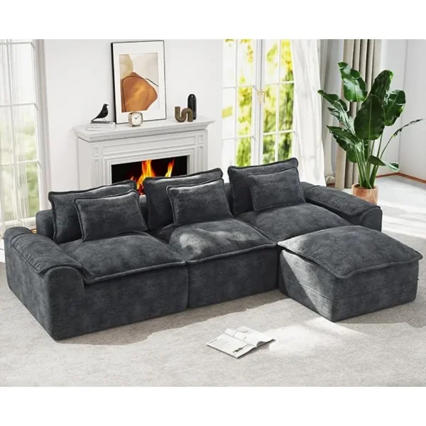 Large L-Shaped Cloud 3-Seater Sofa with 2 Ottomans – Memory Foam Deep-Seat Couch