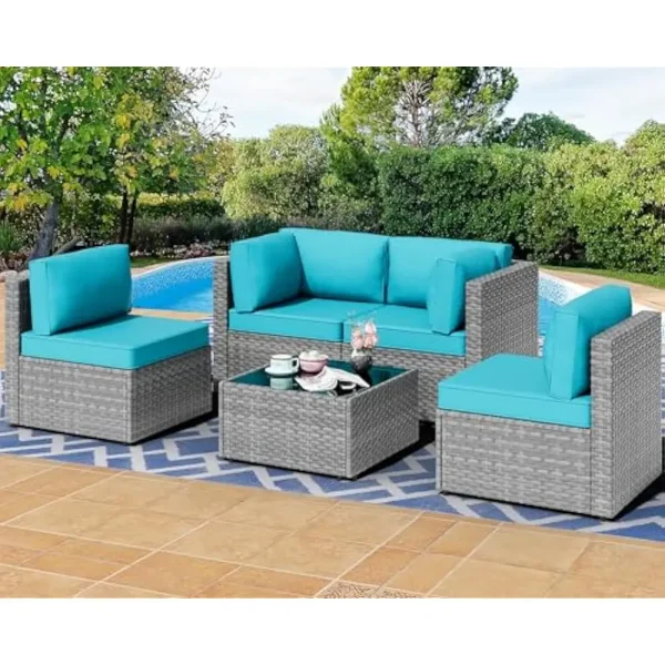 5 Pieces Outdoor Patio Sectional Sofa Couch, PE Wicker Washable Cushions & Glass Coffee Table