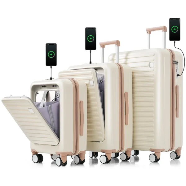 Luggage Set of 3 - 20 24 28inch with USB Port Carry on Luggage with Cup Holder