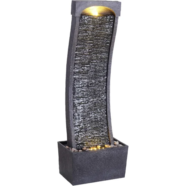 Curved Indoor/Outdoor Fountain with LED Lights - Modern Faux Slate Waterfall