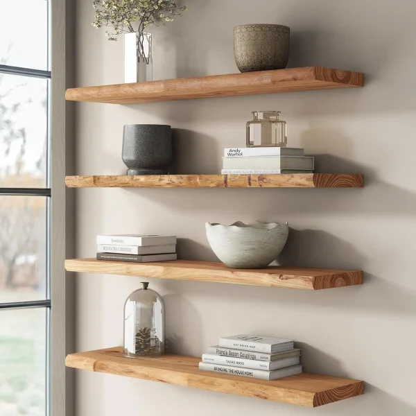 Rustic Elm Wood Floating Shelves for Wall, Live Edge 36"W x 9.2"D x 1.4"H, Set of 2 with Invisible Bracket