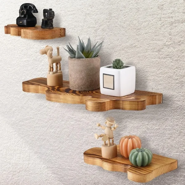 Set of 3 Small Rustic Wave Edge Floating Shelves with Metal Wall Mount Bracket