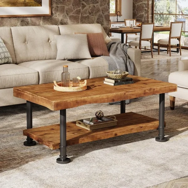 Rustic Wooden Coffee Table with Storage and Industrial Style Metal Legs