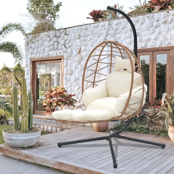 Outdoor Rattan Wicker Egg Chair with Sturdy Tripod Hammock Leg Rest