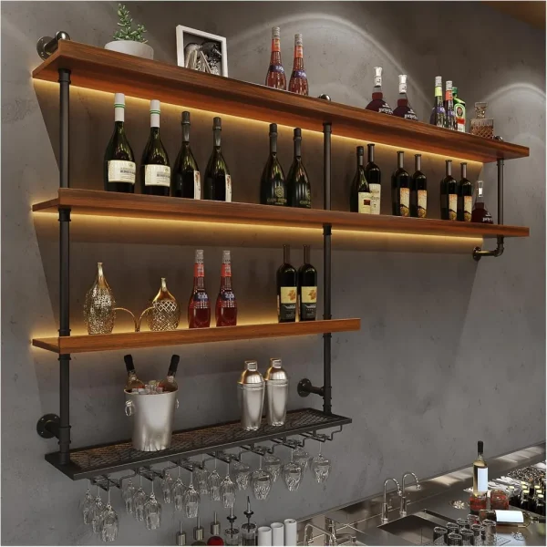 Solid Wood Wall Mounted Large Wine Rack and Liquor Shelves w/ LED lights