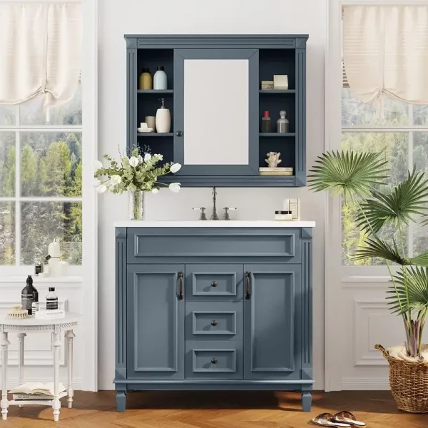 36 Inch Bathroom Blue Vanity with Sink Top and Matching Mirror Cabinet